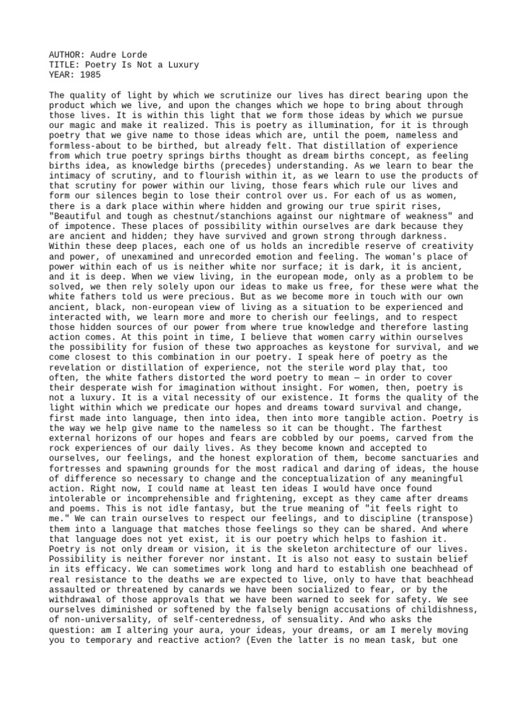 Lorde Audre Poetry Is Not A Luxury PDF Dream