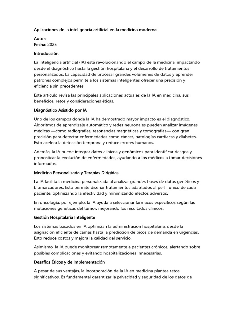 Aplicaciones de La Inteligencia Artificial en La Medicina Moderna | PDF ...