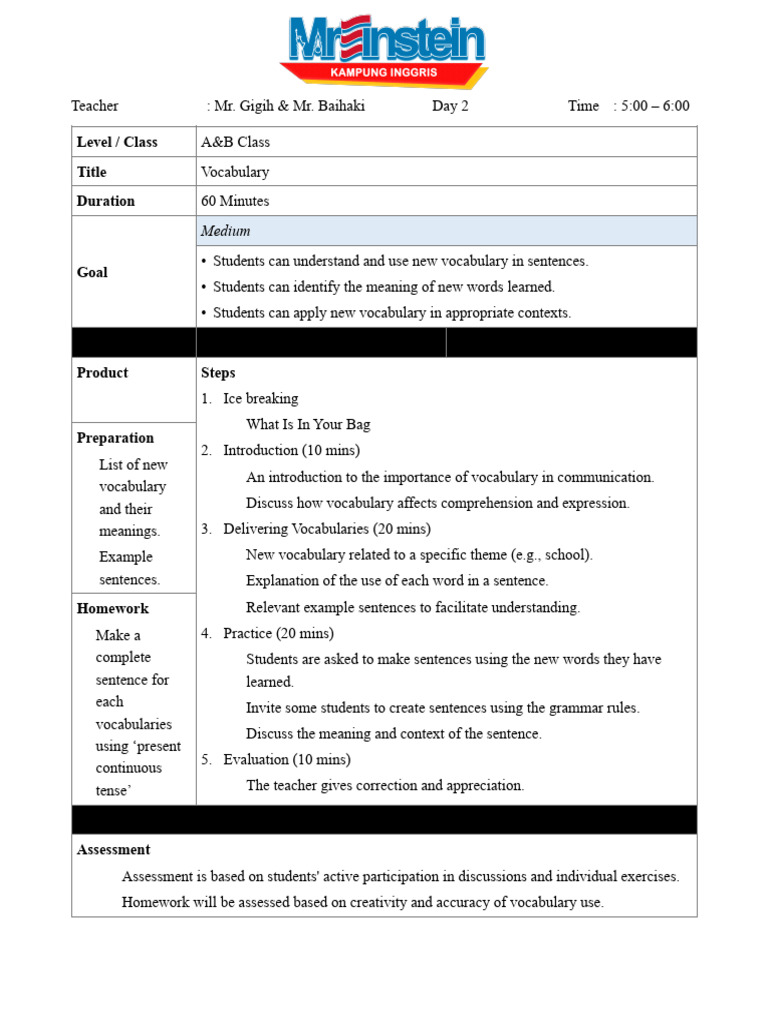 Vocabulary Lesson Plan for Students | PDF | Vocabulary | Lesson Plan