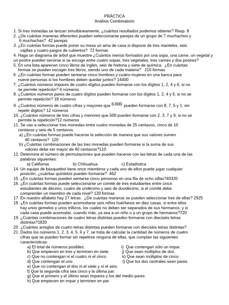 Ejercicios de Análisis Combinatorio | PDF