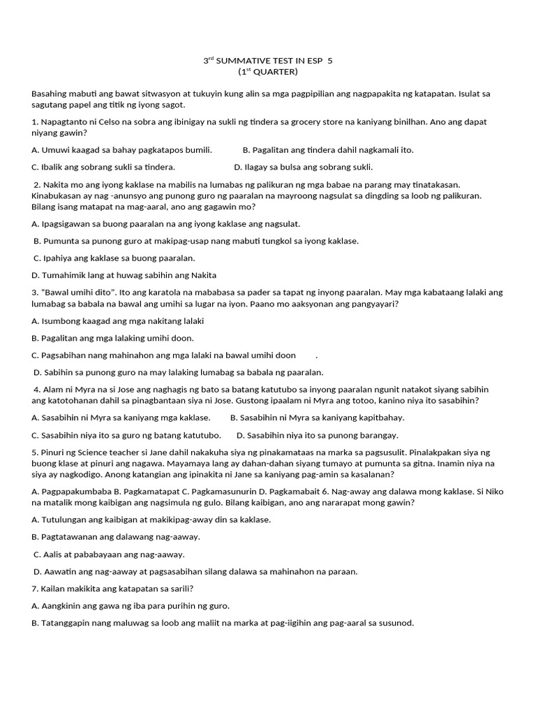 3rd SUMMATIVE TEST IN ESP 5 | PDF