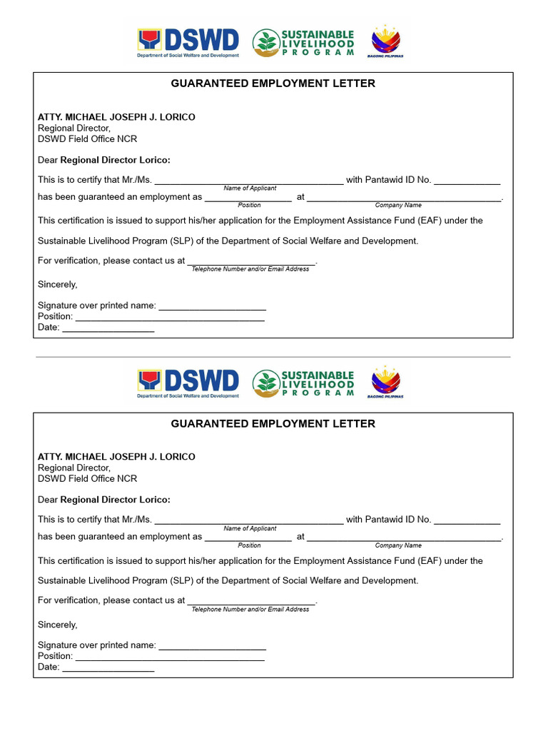 (Template) Guaranteed Employment For SLP Eaf | PDF