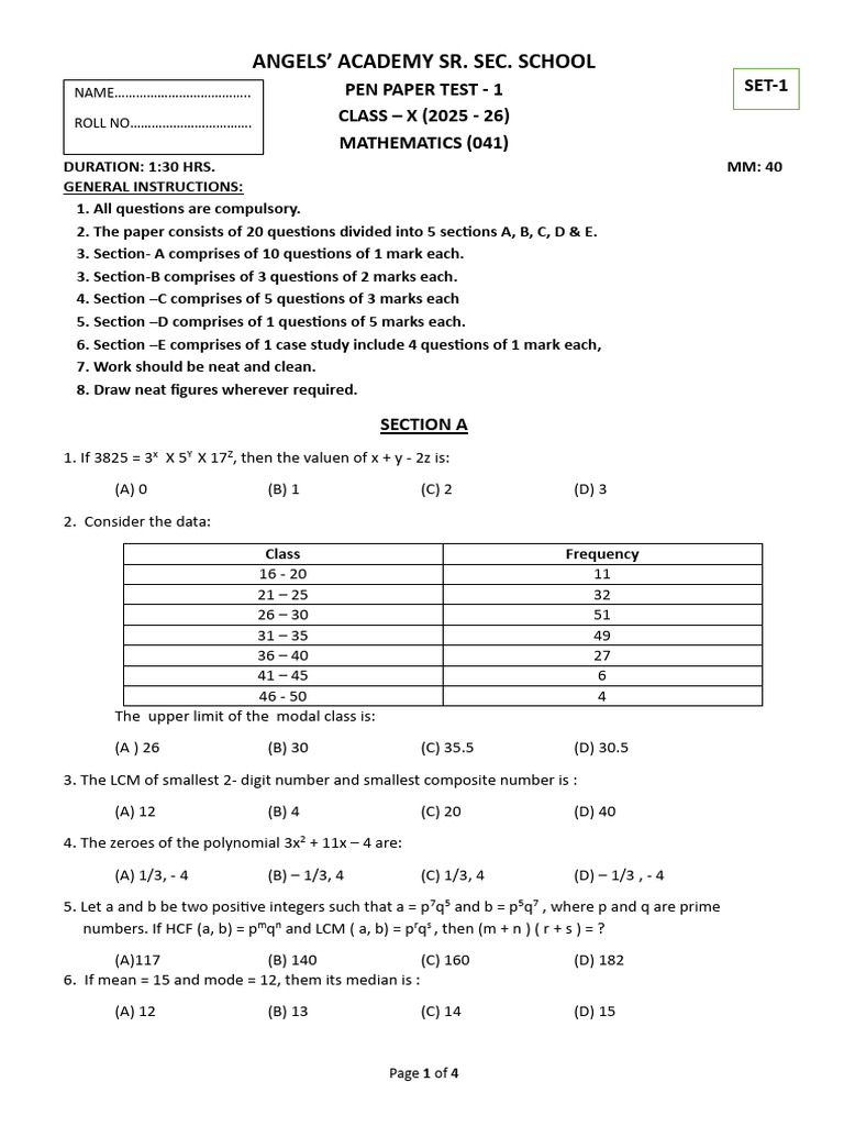Mathematics Test for Class X (2025-26) | PDF | Mathematical Analysis ...