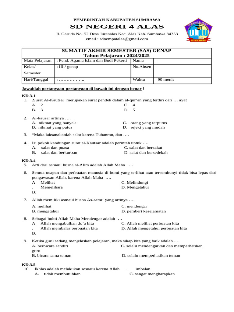 Kumpulan soal kelas 3 k13