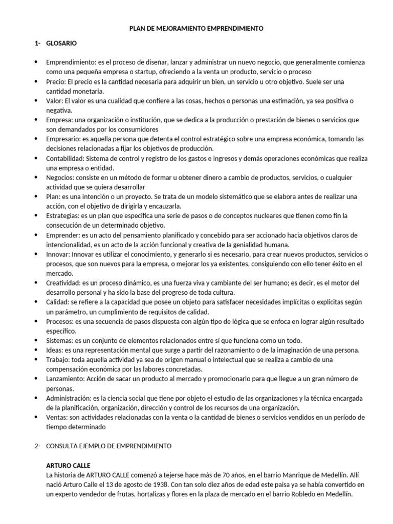 Plan de Mejoramiento para Emprendedores | PDF | Business | Iniciativa ...