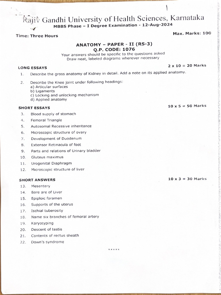 Anatomy Pyqs Rguhs Part 1 | PDF