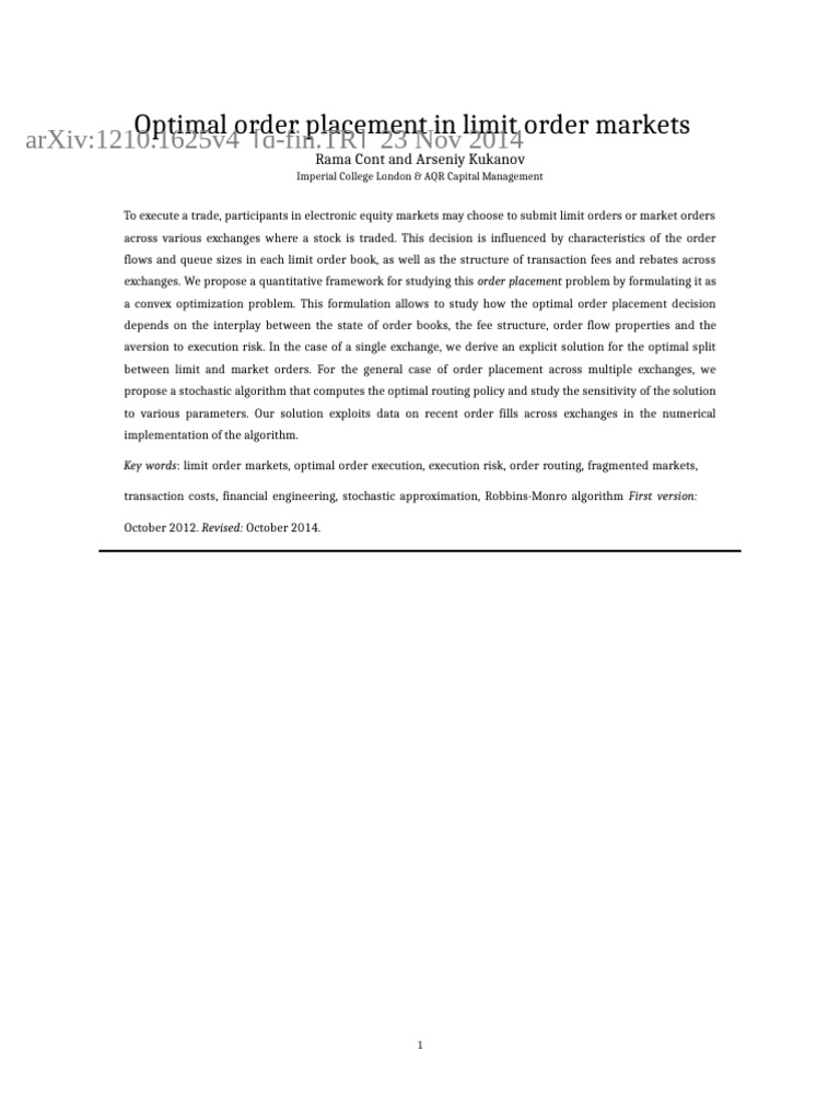 Optimal Order Placement in Equity Markets | PDF | Order (Exchange ...