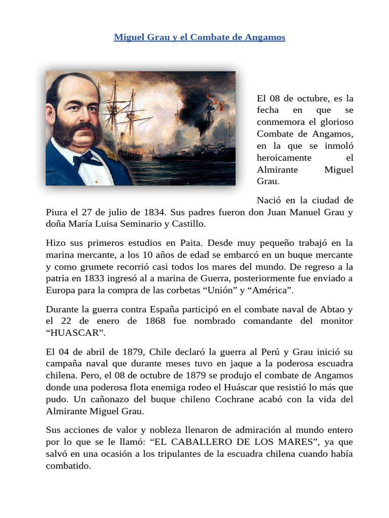Miguel Grau y El Combate de Angamos. 3°-4° Ficha Informativa | PDF