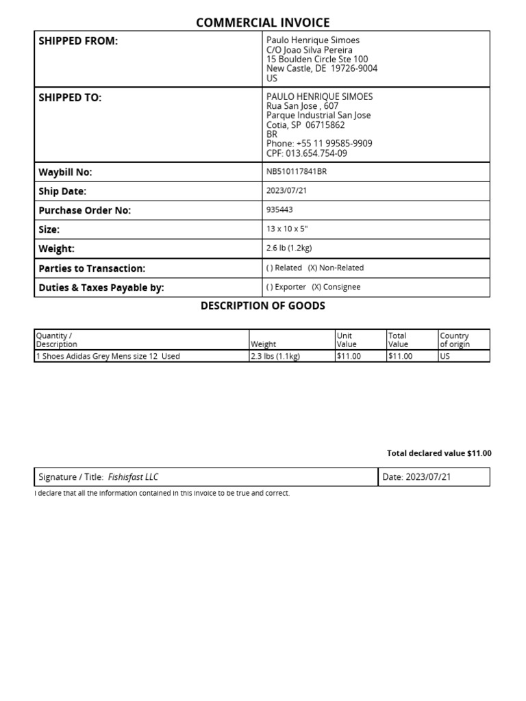 Commercial Invoice for Adidas Shoes | PDF | Business