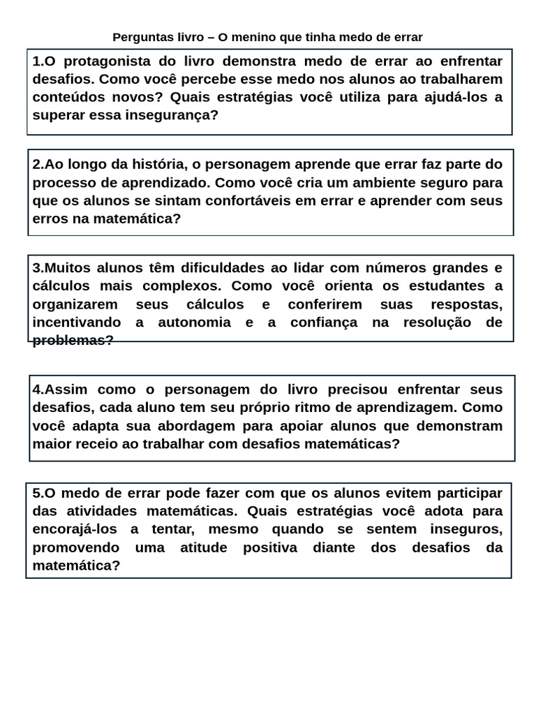 Perguntas sobre o medo de errar na matemática | PDF