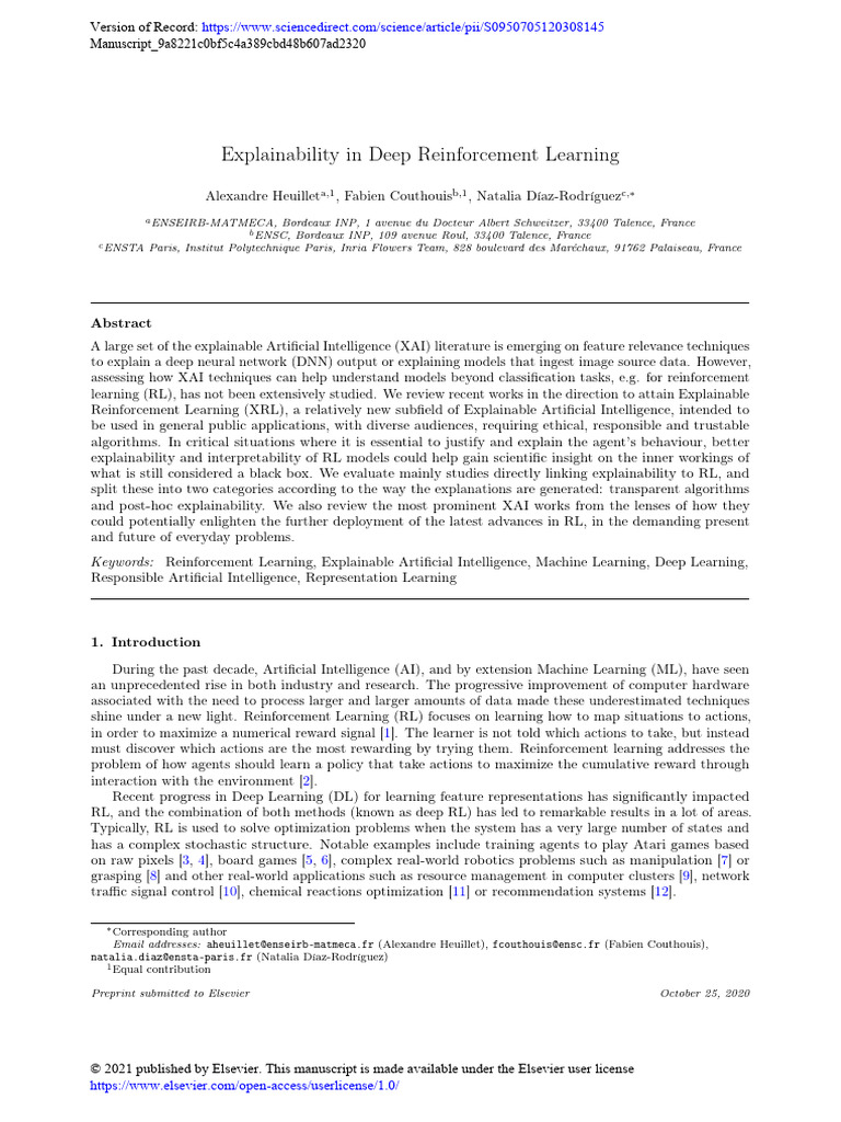 Explainability in Deep Reinforcement Learning: Version of Record | PDF ...