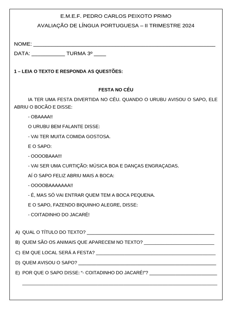 Avaliação de Língua Portuguesa 3º Ano | PDF | Famílias linguísticas