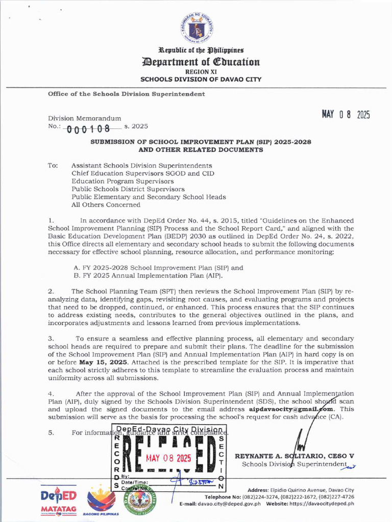 2025-DM No. 000108 - SUBMISSION OF SCHOOL IMPROVEMENT PLAN (SIP) 2025 ...