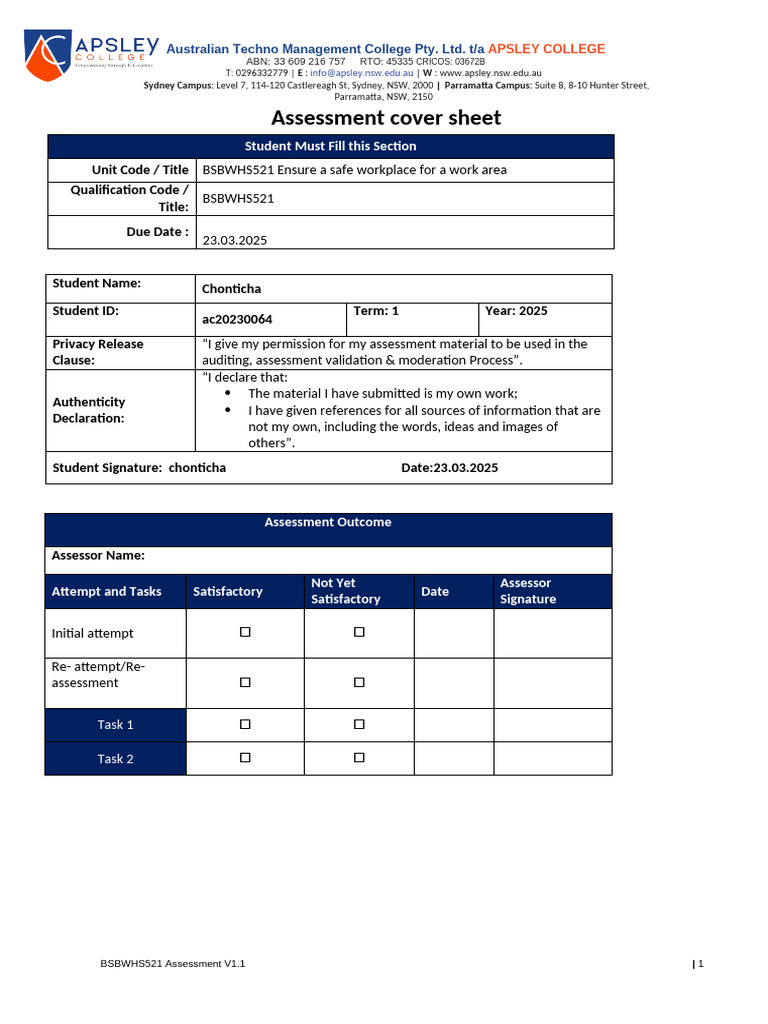 Chonticha_BSBWHS521 Student Assessment Tasks | PDF | Occupational ...