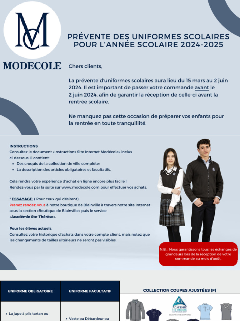 Prévente d'uniformes scolaires 2024 | PDF