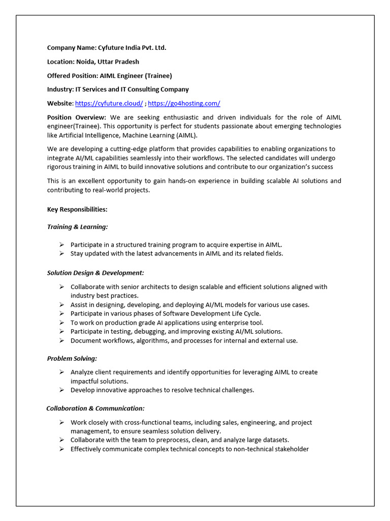 AIML Engineer Trainee Position at Cyfuture | PDF | Artificial ...