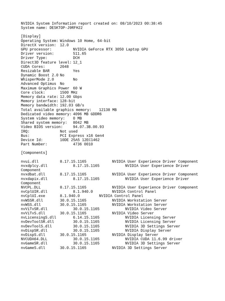 NVIDIA System Information 08-10-2023 00-38-45 | PDF