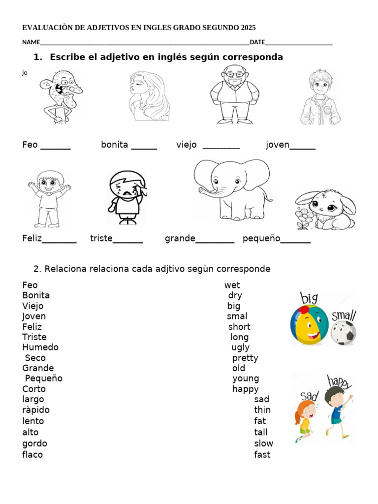 Evaluación de Adjetivos en Inglés 2º Grado | PDF