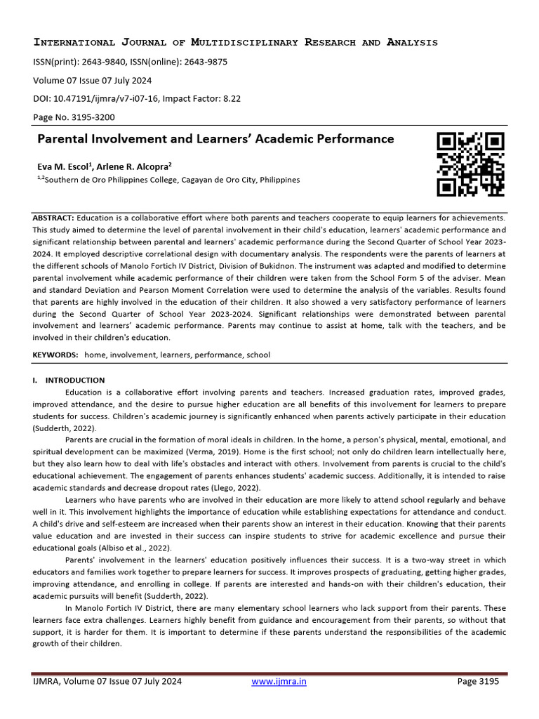 Parental Involvement and Academic Success | PDF | Learning | Teachers
