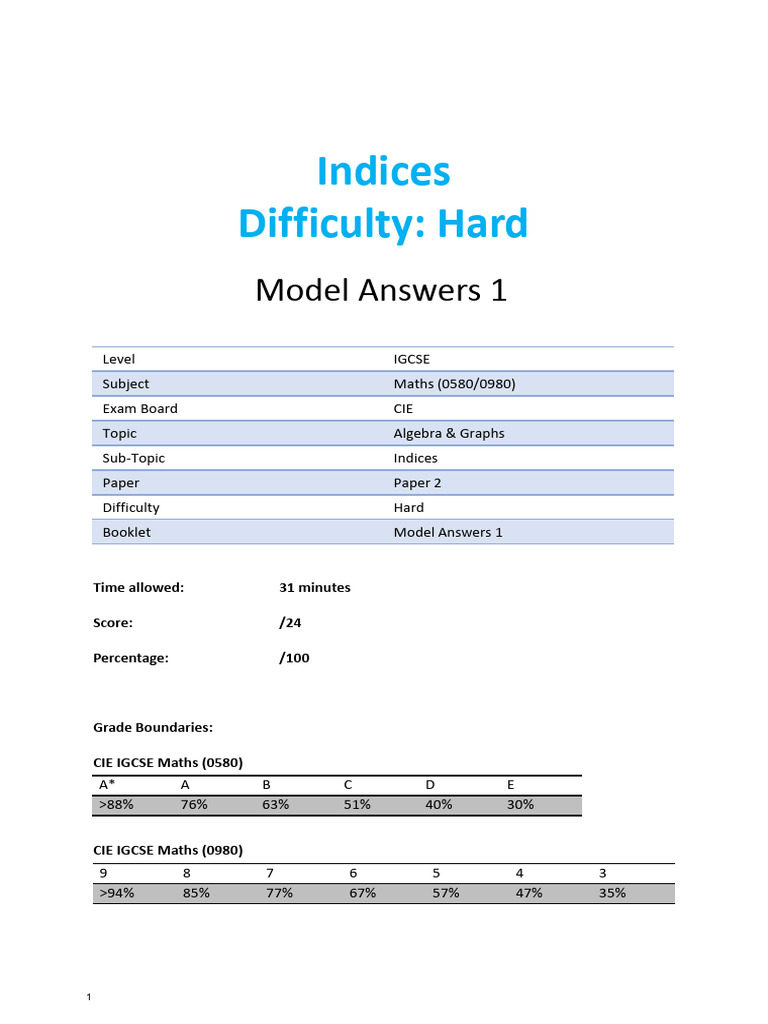 E2.4 Indices 2B Model Answers Booklet 1 CIE IGCSE Maths | PDF ...