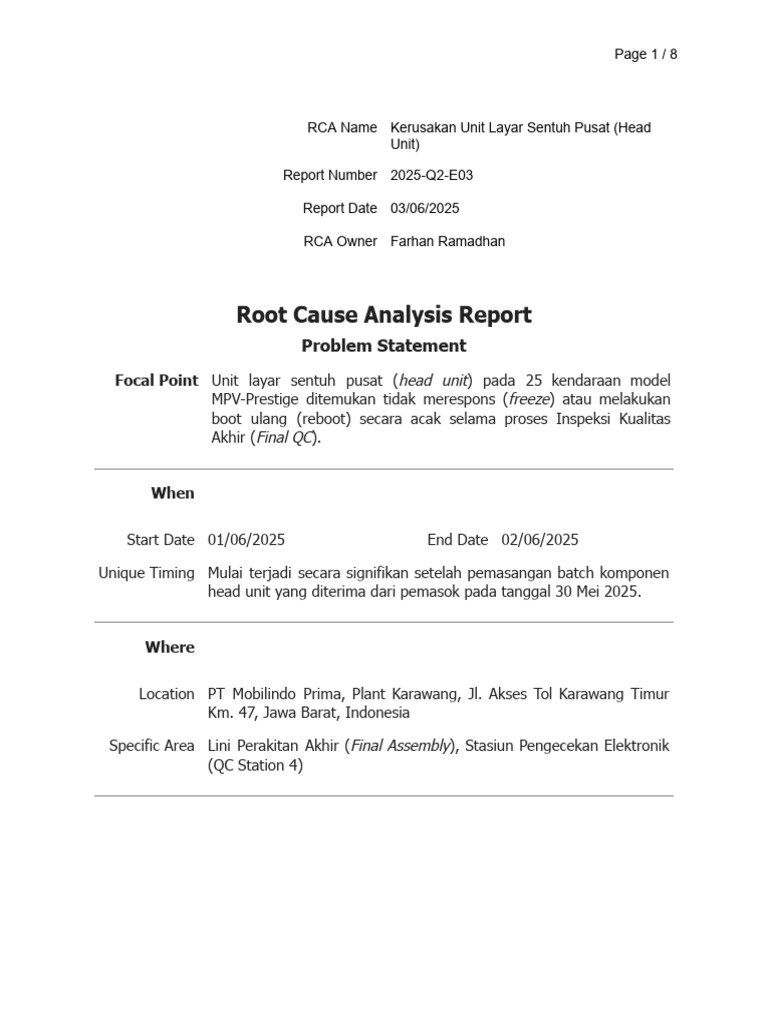 Root Cause Analysis Report: Problem Statement | PDF