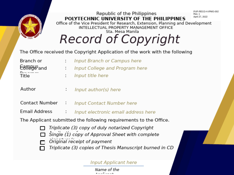 Copyright Application Record Template | PDF
