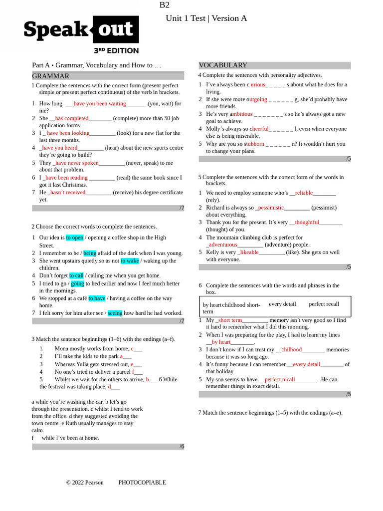 B2 Unit 1 Test: Grammar & Vocabulary | PDF