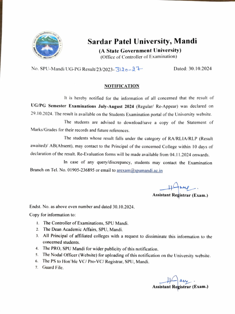 Notification Regarding Declaration of Result of UG - PG Semester ...