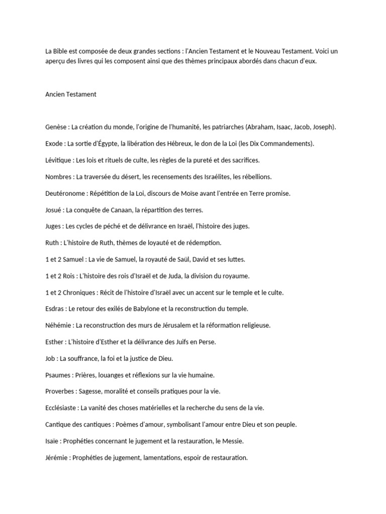 Aperçu des livres de la Bible | PDF | Livres de Samuel | Exode hors d ...
