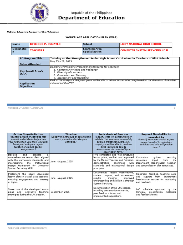 Workplace Application Plan for Teachers | PDF | Teachers | Lesson Plan