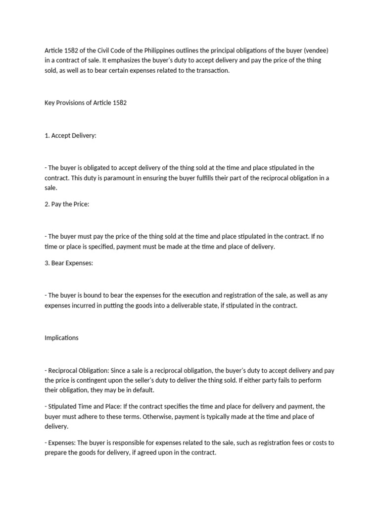 Buyer Obligations Under Article 1582 | PDF
