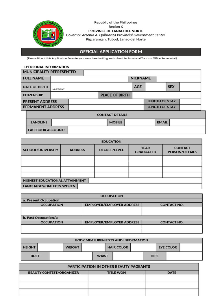 Lanao del Norte Beauty Pageant Application | PDF