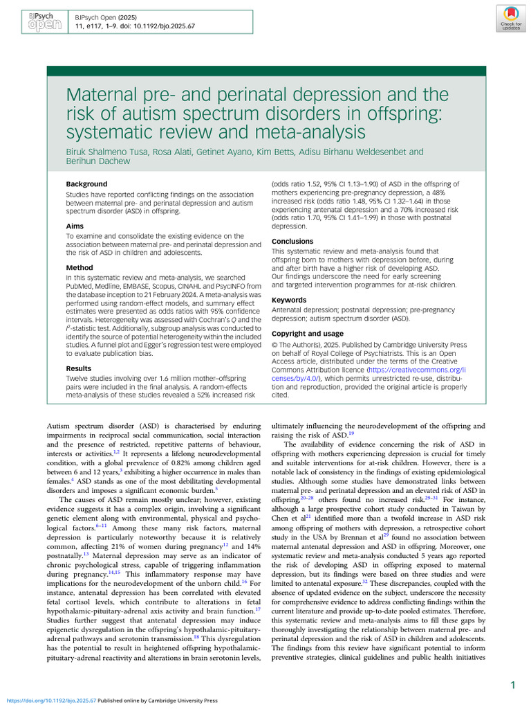 Maternal Pre and Perinatal Depression and The Risk of Autism Spectrum ...
