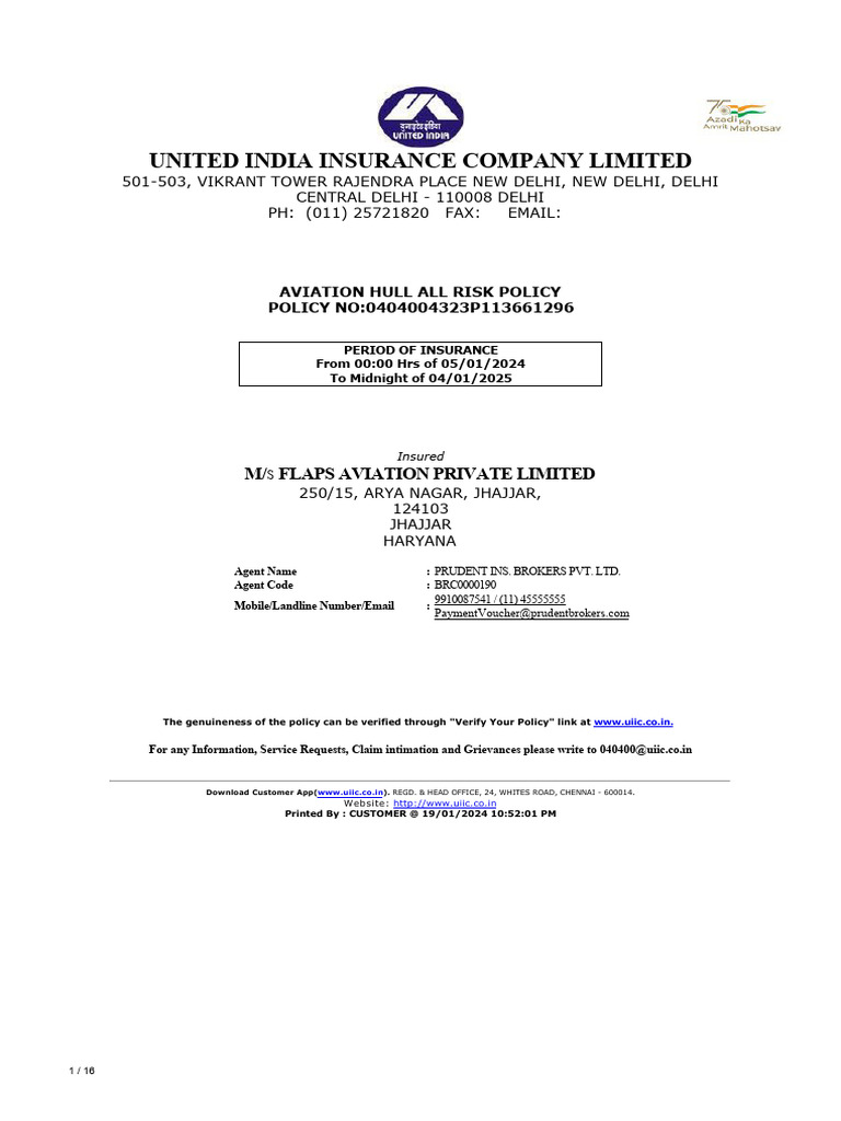 Aviation Hull All Risk Insurance Policy | PDF | Liability Insurance ...