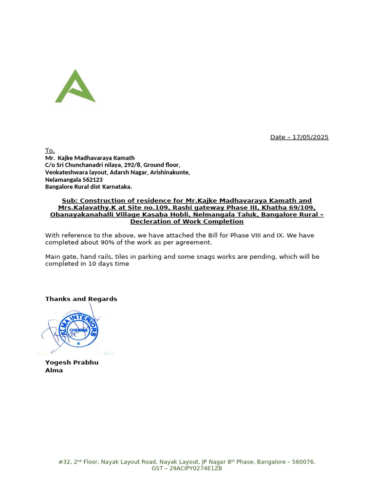 Work Completion Notice for Residence Construction | PDF