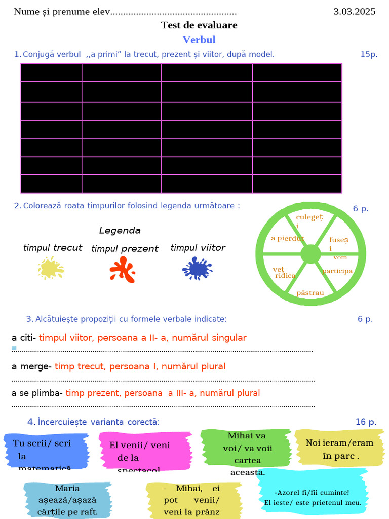 Test de Evaluare Verbul | PDF