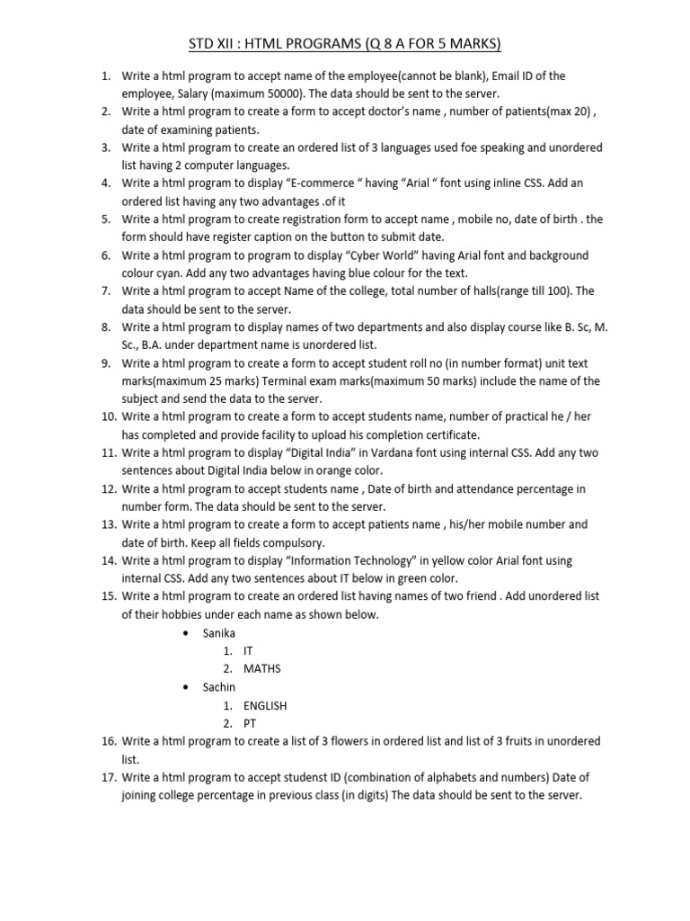 STD XII Programlist IT | PDF | Html Element | Html