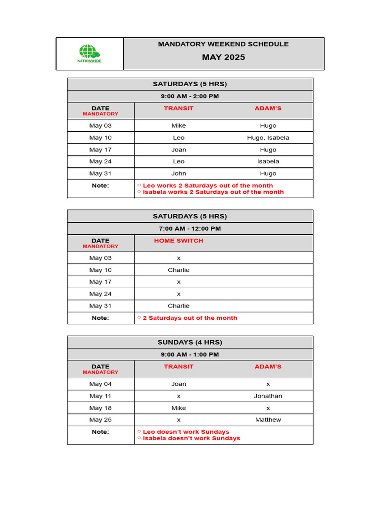 MAY Mandatory Weekend Schedule | PDF