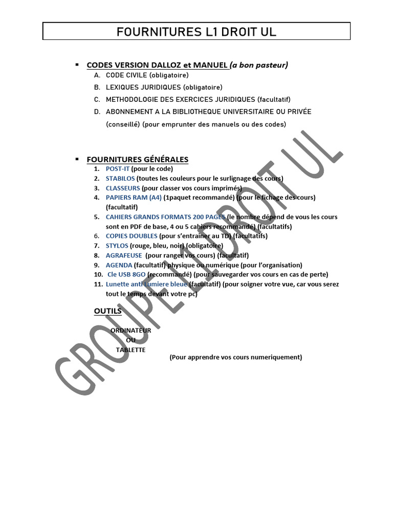 Fournitures essentielles L1 Droit UL | PDF