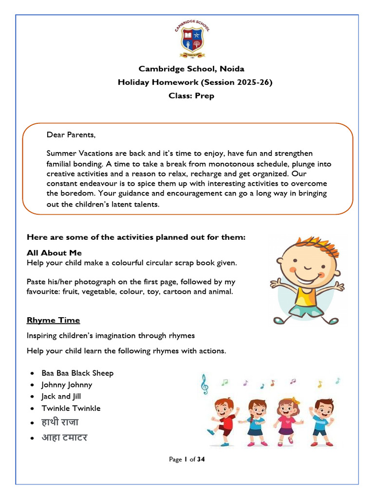 Prep Holiday Homework 2025-26 | PDF