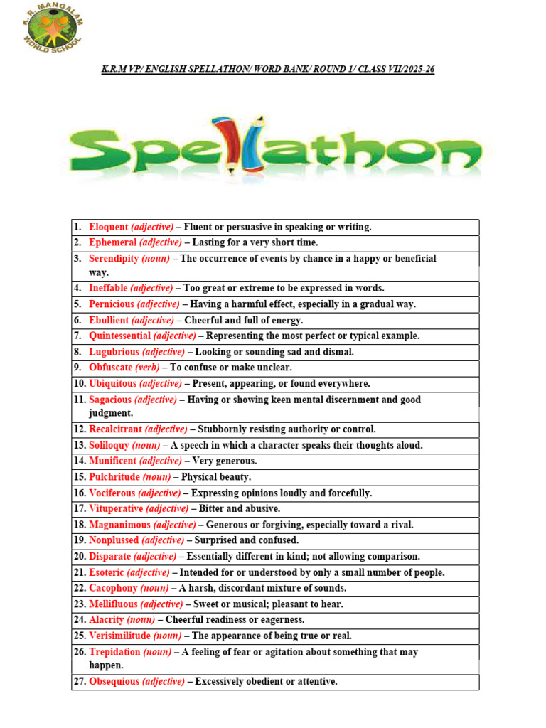 Grade 7 Spellathon Word Bank 2025-26 | PDF | Adjective | Morphology
