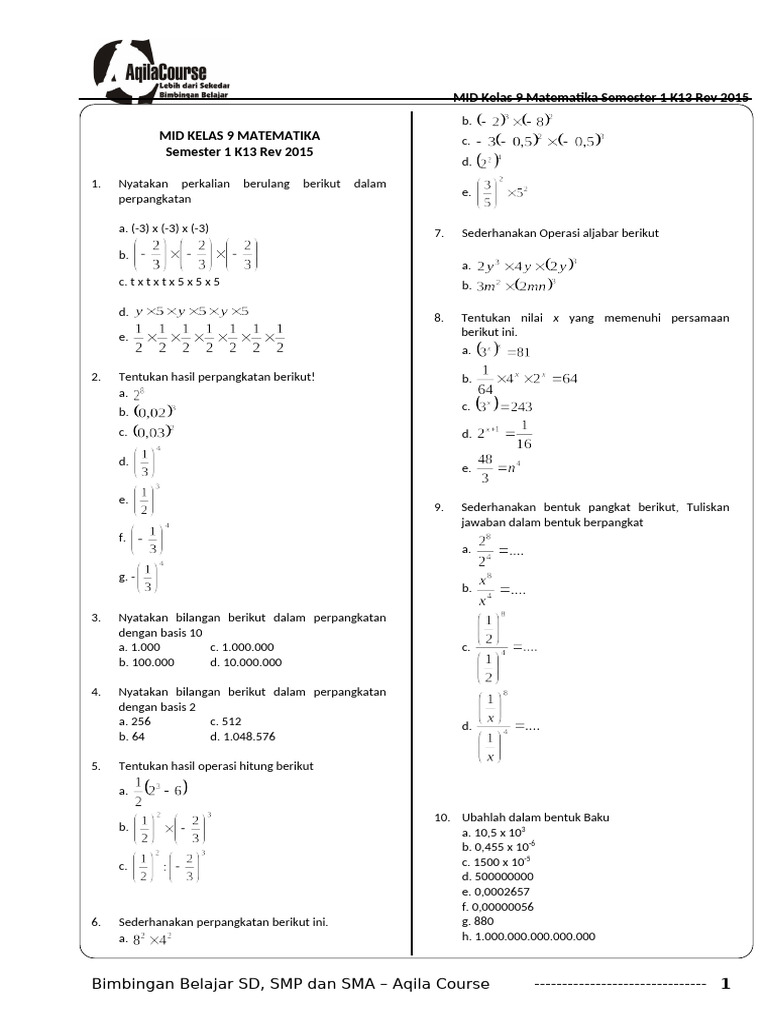 MID Matematika Kelas 9 K13 Semester 1 | PDF