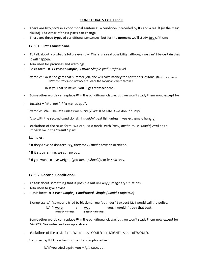 Conditionals 1 and 2 - Notes | PDF | Linguistics | Grammar