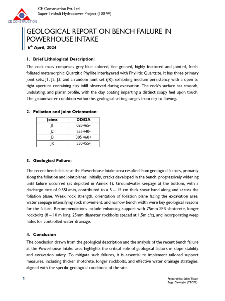 Geological Report On Powerhouse Intake Gate Bench Failure | PDF | Rock ...
