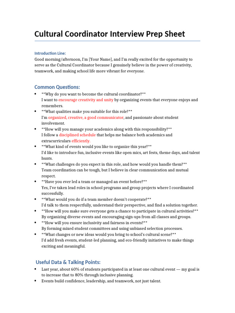 Cultural Coordinator Interview Guide | PDF