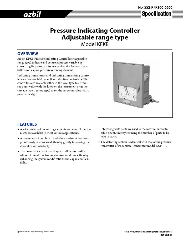 KFKB Pressure Indicating Controller Specs | PDF | Pascal (Unit) | Corrosion