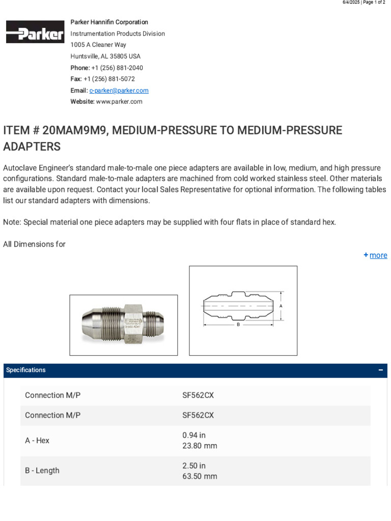20MAM9M9 Medium PressuretoMedium PressureAdapters | PDF