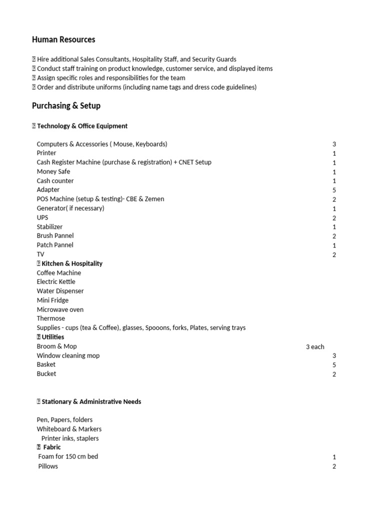 HR and Setup Checklist for New Showroom | PDF | Point Of Sale