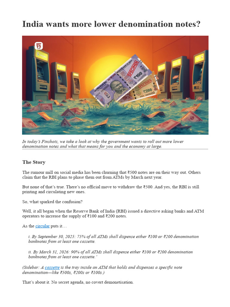 India Wants More Lower Denomination Notes | PDF | Reserve Bank Of India ...