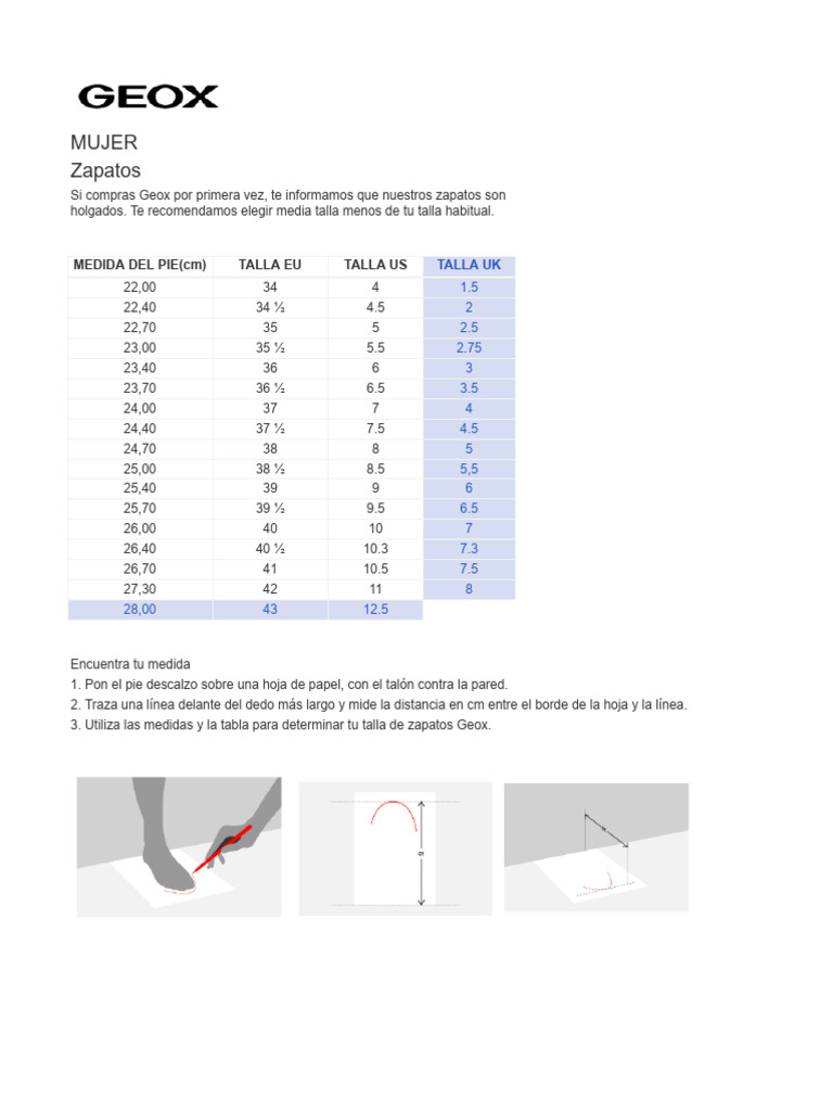 Guía de Tallas Geox para Todos | PDF | Ropa | Softlines (venta minorista)